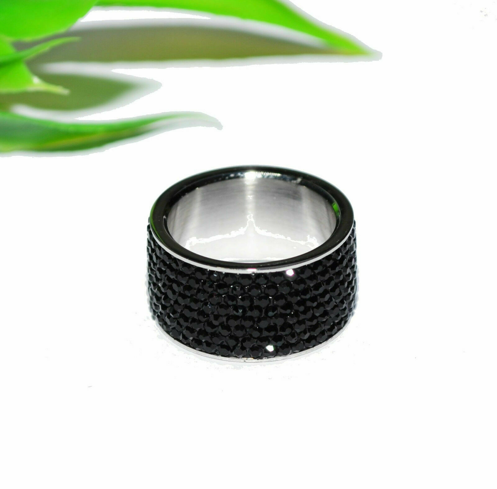 EDELSTAHL Ring breit 12mm STRASS – silber / schwarz