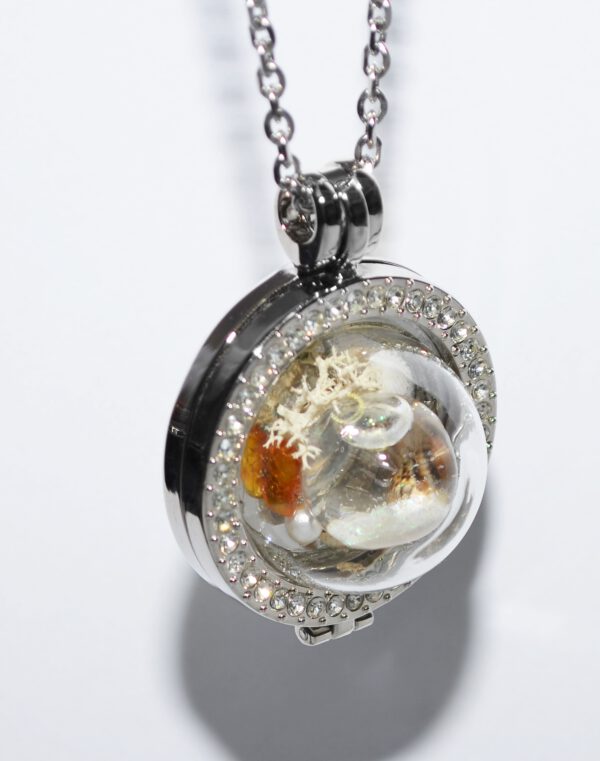 Schneekugel Muschel Perle Coin Münze Anhänger Medaillon Halskette silber Glaskuppel Glashalbkugel kettenkontor Handarbeit