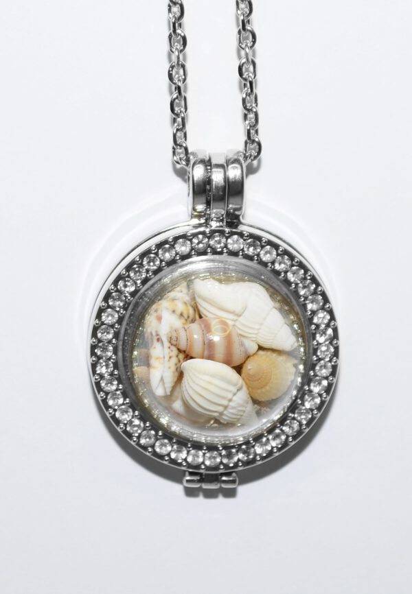 Muscheln Coin Münze Anhänger Medaillon Halskette silber Glaskuppel Glashalbkugel kettenkontor Handarbeit