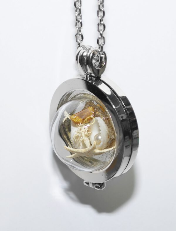 Muschel Bernstein Seestern Perle Strandsand Coin Münze Anhänger Medaillon Halskette silber Glaskuppel Glashalbkugel kettenkontor Handarbeit