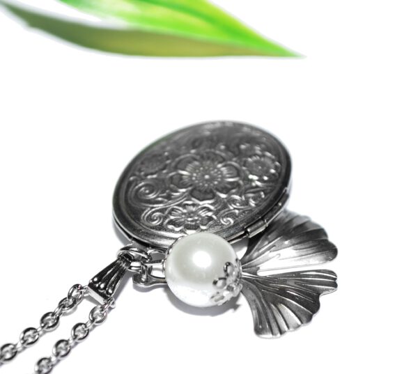 Edelstahl MEDAILLON Anhänger Halskette Foto aufklappbar silberfarbe oval Perle kettenkontor