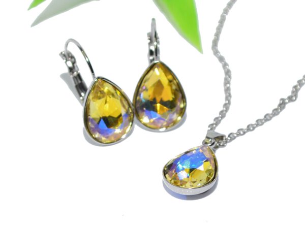 KRISTALL Tropfen Brisur Ohrhänger Ohrringe EDELSTAHL silber Glas teardrop schmuckset Halskette Anhänger