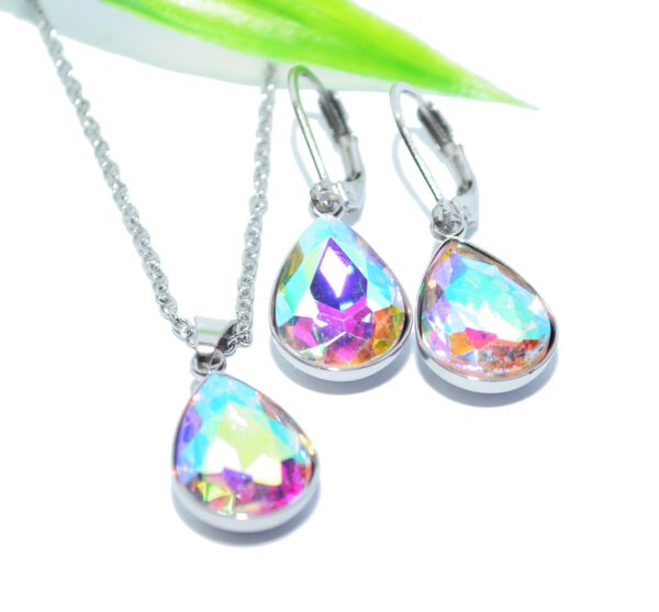 KRISTALL Tropfen Brisur Ohrhänger Ohrringe EDELSTAHL silber Glas teardrop schmuckset Halskette Anhänger