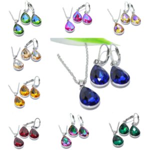 KRISTALL Tropfen Brisur Ohrhänger Ohrringe EDELSTAHL silber Glas teardrop schmuckset Halskette Anhänger