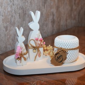 Set Deko Tablett Teelichthalter weiß Tischdeko OSTERN Osterhase Frühling Landhaus Kettenkontor handmade